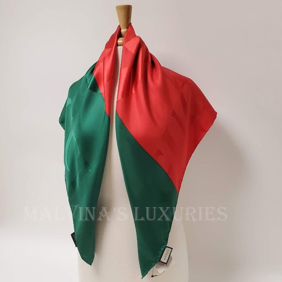 GUCCI SCARF GREEN RED WEB GG LOGO PRINT JACQUARD SILK TWILL FOULARD 35" - Picture 5 of 15